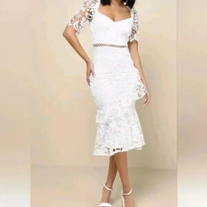 Lulus Briarwood Midi Dress Lace Ruffled Flaring Trumpet Hem XS NWOT